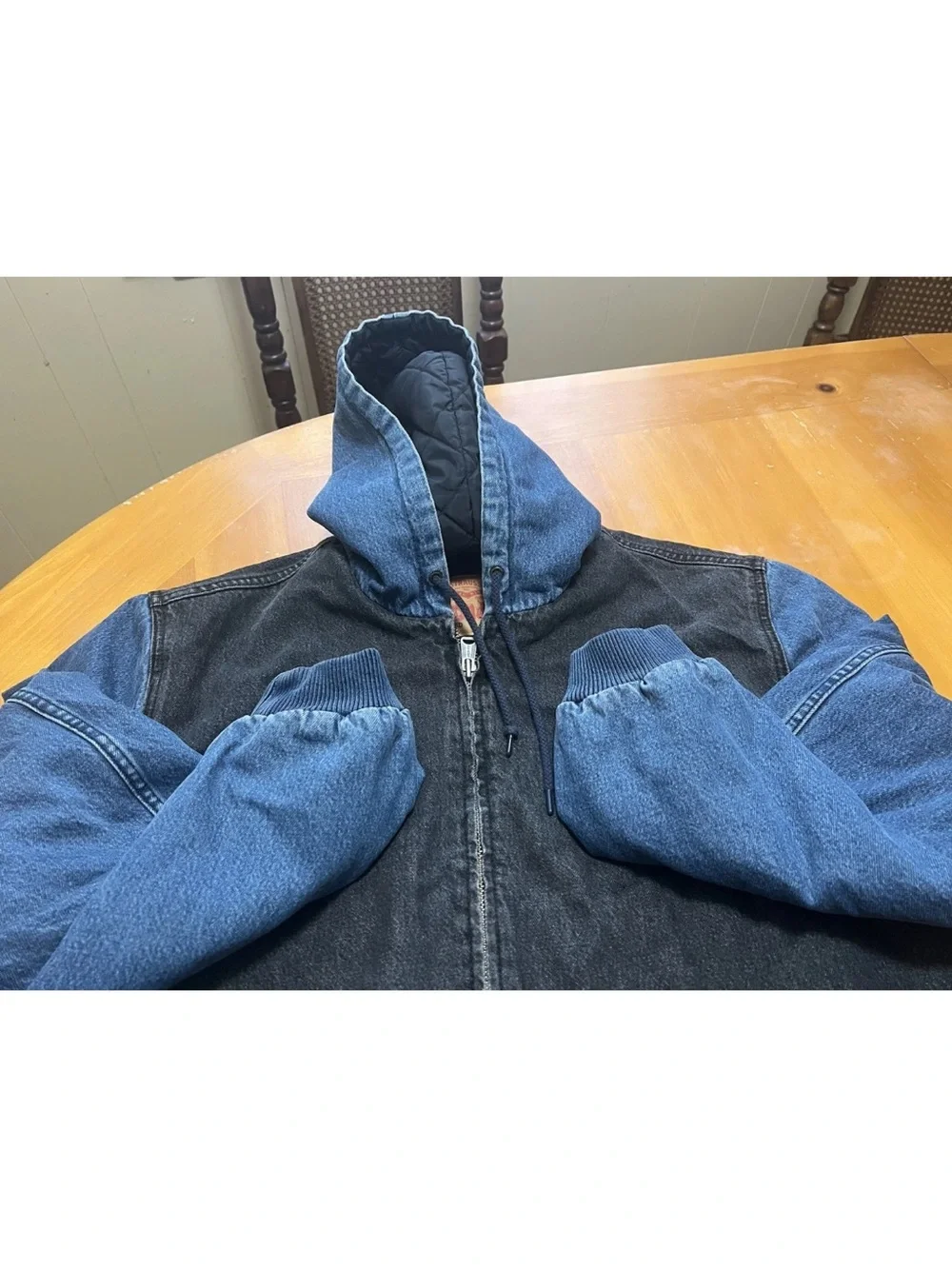 Levi’s Potrero Hood Denim Jacket Men XL Colorblock Black Blue Quilted Irregular